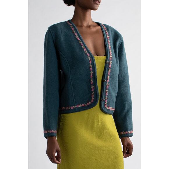 Vintage Wool Teal Floral Cardigan - Picture 2 of 5